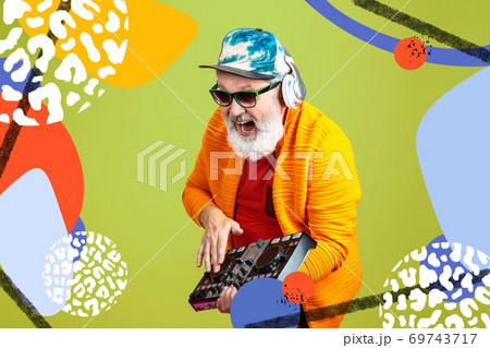 Senior hipster man using devices, gadgets. Tech and joyful elderly lifestyle concept. Bright illustrated background 69743717