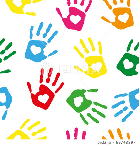 Seamless pattern with rainbow colored hand prints with white hearts Seamless pattern with rainbow colored hand prints with white hearts 69743897