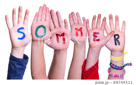 Children Hands Building Word Sommer Means Summer, Isolated Background 69744311