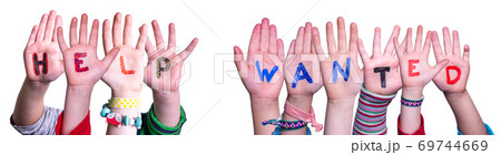 Children Hands Building Word Help Wanted, Isolated Background Children Hands Building Word Help Wanted, Isolated Background 69744669