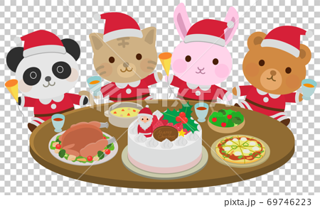 クリスマスパーティをする動物たち ごちそう イラストのイラスト素材