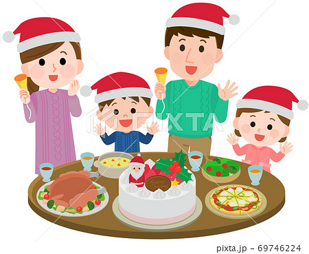 クリスマスパーティをする家族 ごちそう イラストのイラスト素材