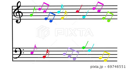 楽譜に並んだカラフルな音符、3Dレンダリング 69746551