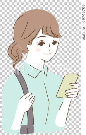 スマホを見る女性のイラストのイラスト素材