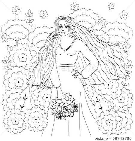 A girl with long hair, in a long dress and with a bouquet in her hands. The outline of a young woman and large flowers. A girl with long hair, in a long dress and with a bouquet in her hands. The outline of a young woman and large flowers. 69748780