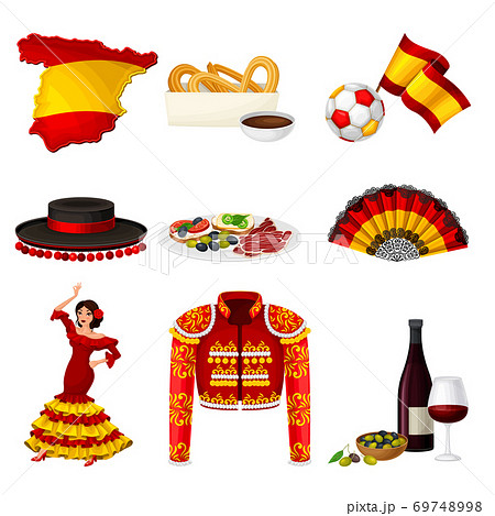 Spain Attributes with Woman Dancing Flamenco and Flag Vector Illustration Set 69748998