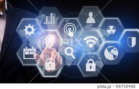 Business Data Management. Businessman Choosing Fingerprint Icon On Digital Screen For Access 69750466