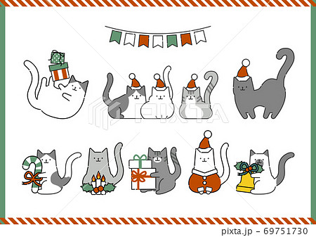 様々な猫のシンプルでおしゃれなクリスマスイラストのイラスト素材