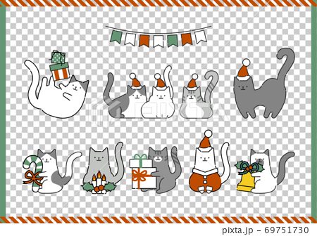 様々な猫のシンプルでおしゃれなクリスマスイラストのイラスト素材