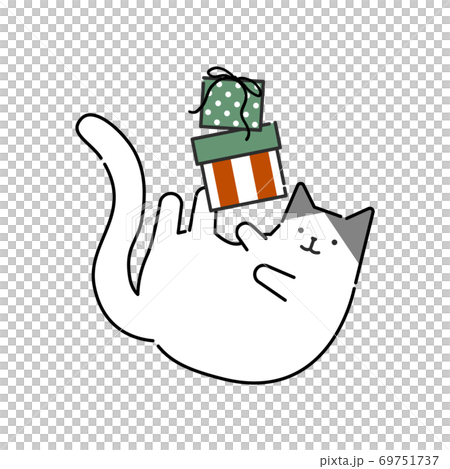 寝そべる猫とクリスマスギフトのおしゃれなイラストのイラスト素材