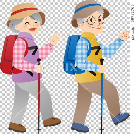登山をするシニア男女の全身イラストのイラスト素材
