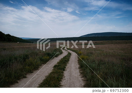 Dirt road among the spring field. Before the storm Dirt road among the spring field. Before the storm 69752300