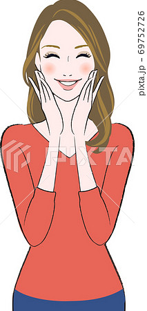 笑顔で顔を触っている美人女性のイラストのイラスト素材