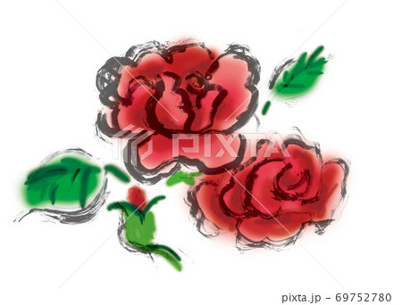 手描きの真紅のバラの花 真っ赤な薔薇 情熱のイラスト素材 [69752780