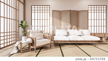 Sofa and partition japanese on room tropical interior with tatami mat floor and white wall.3D rendering 69753709