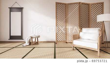 Wooden Arm chair and partition japanese on room tropical interior with tatami mat floor and white wall.3D rendering Wooden Arm chair and partition japanese on room tropical interior with tatami mat floor and white wall.3D rendering 69753721