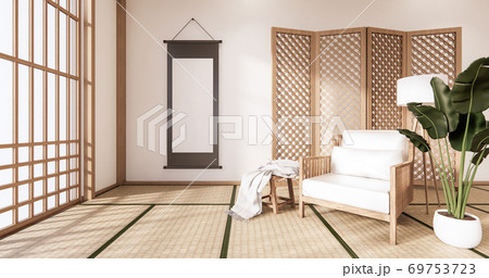 Wooden Arm chair and partition japanese on room tropical interior with tatami mat floor and white wall.3D rendering Wooden Arm chair and partition japanese on room tropical interior with tatami mat floor and white wall.3D rendering 69753723