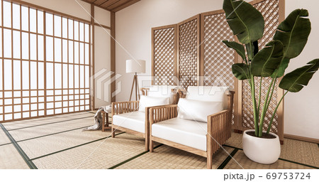 Wooden Arm chair and partition japanese on room tropical interior with tatami mat floor and white wall.3D rendering 69753724