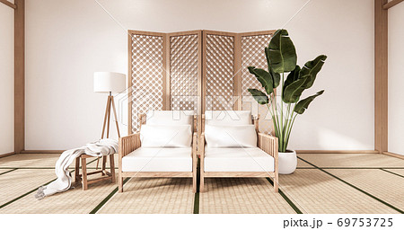 Wooden Arm chair and partition japanese on room tropical interior with tatami mat floor and white wall.3D rendering 69753725