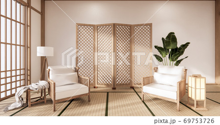 Wooden Arm chair and partition japanese on room tropical interior with tatami mat floor and white wall.3D rendering 69753726