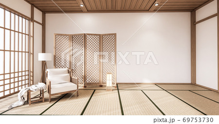 Wooden Arm chair and partition japanese on room tropical interior with tatami mat floor and white wall.3D rendering Wooden Arm chair and partition japanese on room tropical interior with tatami mat floor and white wall.3D rendering 69753730