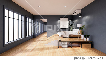 Bedroom interior loft style with frame on blue wall brick. 3D rendering Bedroom interior loft style with frame on blue wall brick. 3D rendering 69753741