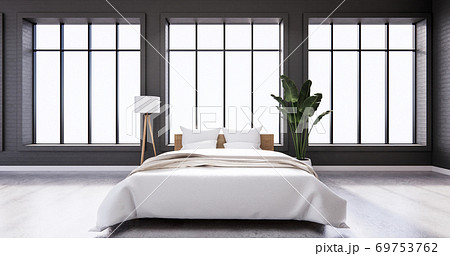 Bedroom interior loft style with frame on black wall brick. 3D rendering Bedroom interior loft style with frame on black wall brick. 3D rendering 69753762