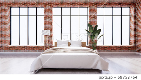 Bedroom interior loft style with frame on wall brick. 3D rendering Bedroom interior loft style with frame on wall brick. 3D rendering 69753764