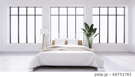 Bedroom interior loft style white wall brick. 3D rendering 69753765