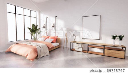 Bedroom interior loft style with frame on white wall brick. 3D rendering 69753767