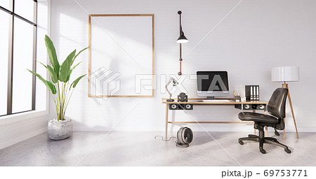 The interior Computer and office tools on mini desk in white concrete floor and white brick wall design. 3D rendering 69753771