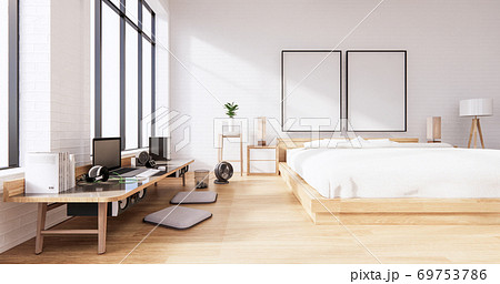 Bedroom interior loft style with Computer and office tool on desk. 3D rendering 69753786