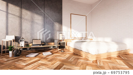 Bedroom interior loft style with Computer and office tool on desk. 3D rendering 69753795