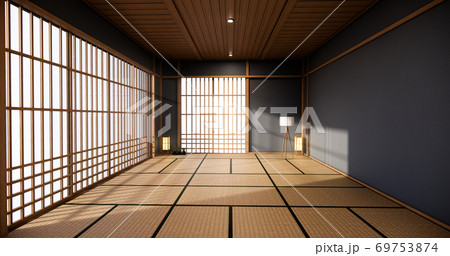 Dark blue color japan interior design,modern living room. 3d illustration, 3d rendering 69753874