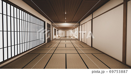 Empty house hall with tatami  floor 2 steps White room tropical style.3D rendering 69753887