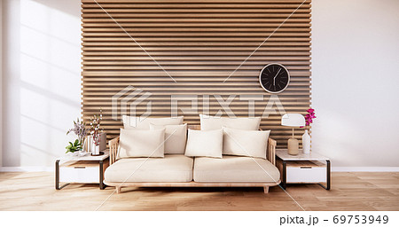 living room with white sofa on zen interior design wooden wall design. 3D rendering living room with white sofa on zen interior design wooden wall design. 3D rendering 69753949