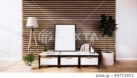the cabinet, modern living room with wooden wall design and wooden white floor. 3d rendering 69753953