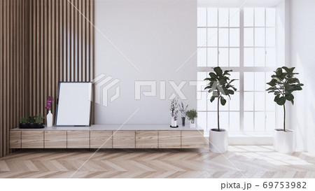 the cabinet, modern living room with wooden wall design and wooden white floor. 3d rendering 69753982