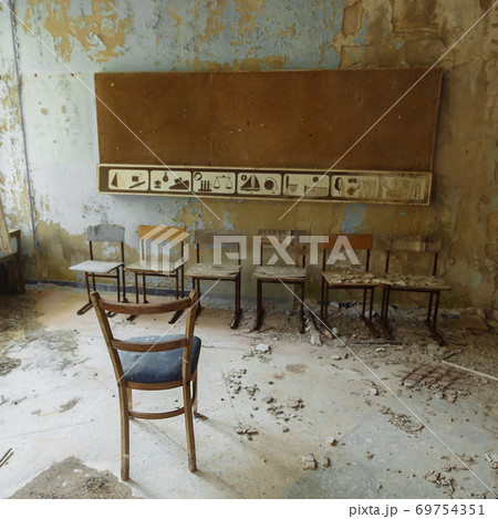 Abandoned school of ghost town Pripyat Chornobyl Zone Abandoned school of ghost town Pripyat Chornobyl Zone 69754351