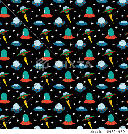 Ufo and aliens Seamless pattern. Cute Doodles space ships sketch. Hand drawn Cartoon Vector illustration 69754929