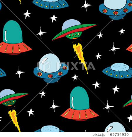Ufo and aliens Seamless pattern. Cute Doodles space ships sketch. Hand drawn Cartoon Vector illustration Ufo and aliens Seamless pattern. Cute Doodles space ships sketch. Hand drawn Cartoon Vector illustration 69754930