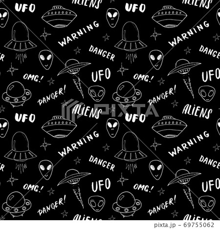 Ufo and aliens Seamless pattern. Cute Doodles space ships sketch. Hand drawn Cartoon Vector illustration Ufo and aliens Seamless pattern. Cute Doodles space ships sketch. Hand drawn Cartoon Vector illustration 69755062