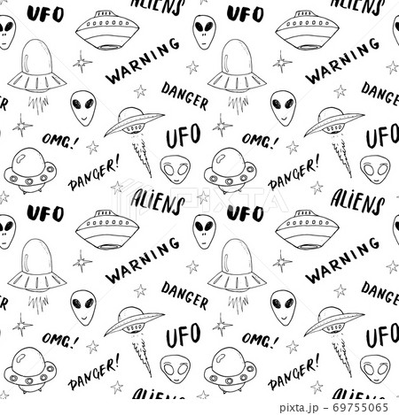 Vetor de Cosmic background. UFO, alien in love seamless pattern in doodle  style. Children's contour illustrations with Flying Saucers. Print sample  for fabric, wallpaper do Stock