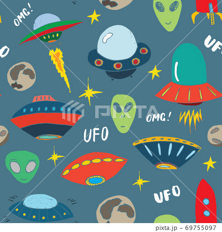 Ufo and aliens Seamless pattern. Cute Doodles space ships sketch. Hand drawn Cartoon Vector illustration Ufo and aliens Seamless pattern. Cute Doodles space ships sketch. Hand drawn Cartoon Vector illustration 69755097