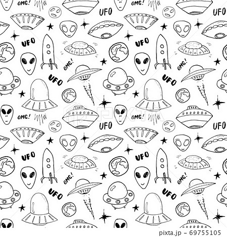 Ufo and aliens Seamless pattern. Cute Doodles space ships sketch. Hand drawn Cartoon Vector illustration Ufo and aliens Seamless pattern. Cute Doodles space ships sketch. Hand drawn Cartoon Vector illustration 69755105