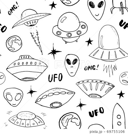 Ufo And Aliens Seamless Pattern Cute Doodles のイラスト素材