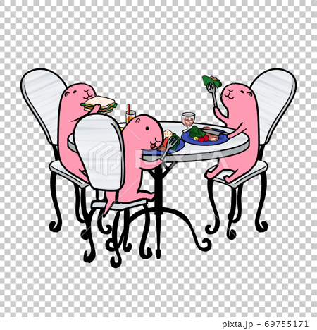 おしゃれな丸テーブルを囲みお食事をするピンクマウスさんのイラスト 洋食 洋風 レストラン のイラスト素材