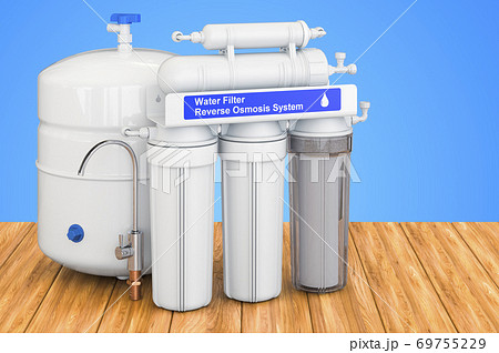 Reverse Osmosis System on the wooden table. 3D rendering 69755229