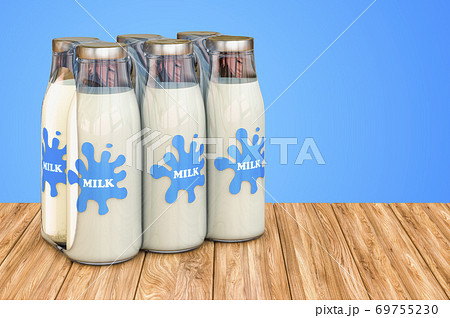 Package of glass milk bottles in shrink film on the wooden table. 3D rendering Package of glass milk bottles in shrink film on the wooden table. 3D rendering 69755230