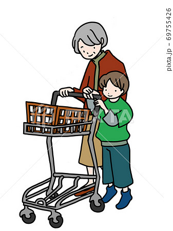 おばあちゃんと一緒にショッピングカートを押す男の子の手描きイラストのイラスト素材